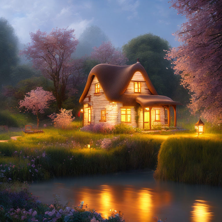 Cozy cottage among pink trees and river at twilight