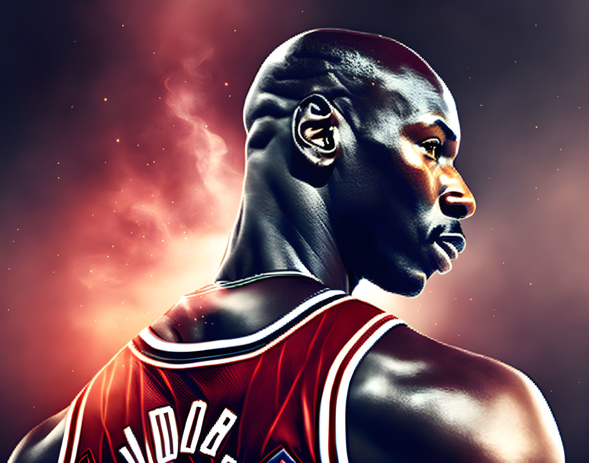 Digital Illustration of Basketball Player in Red Jersey Against Cosmic Background