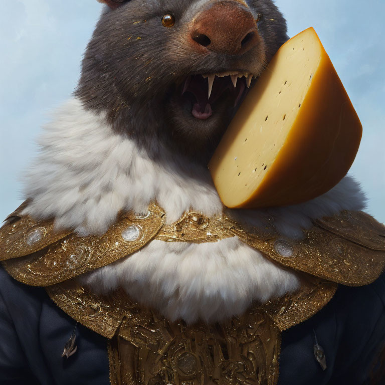 Majestic capybara in golden armor with cheese on sky-blue background