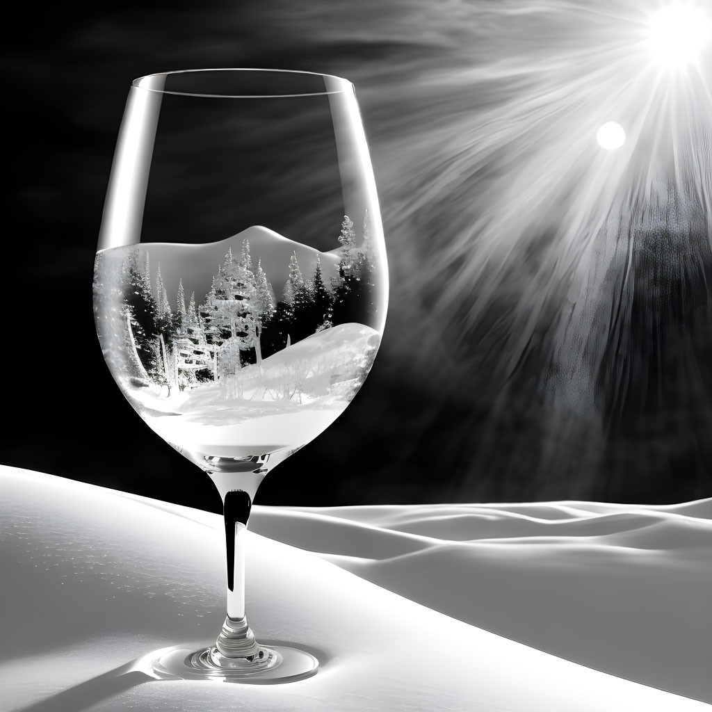 Snowy Landscape and Pine Trees Reflected in Wine Glass