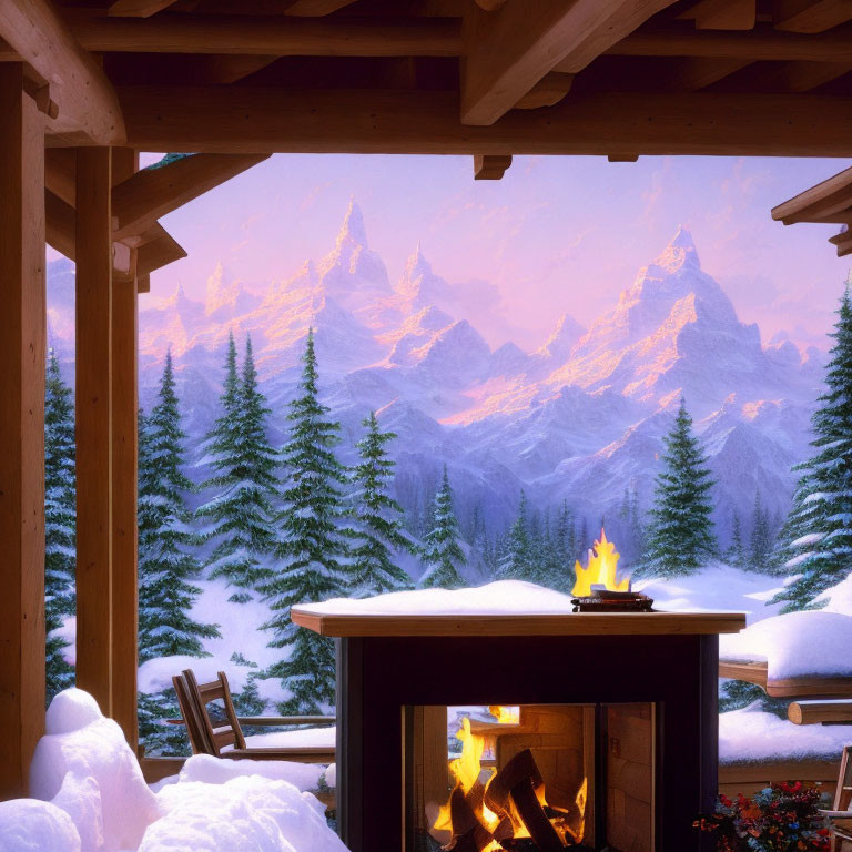 Cozy cabin interior with roaring fireplace and snowy mountain view