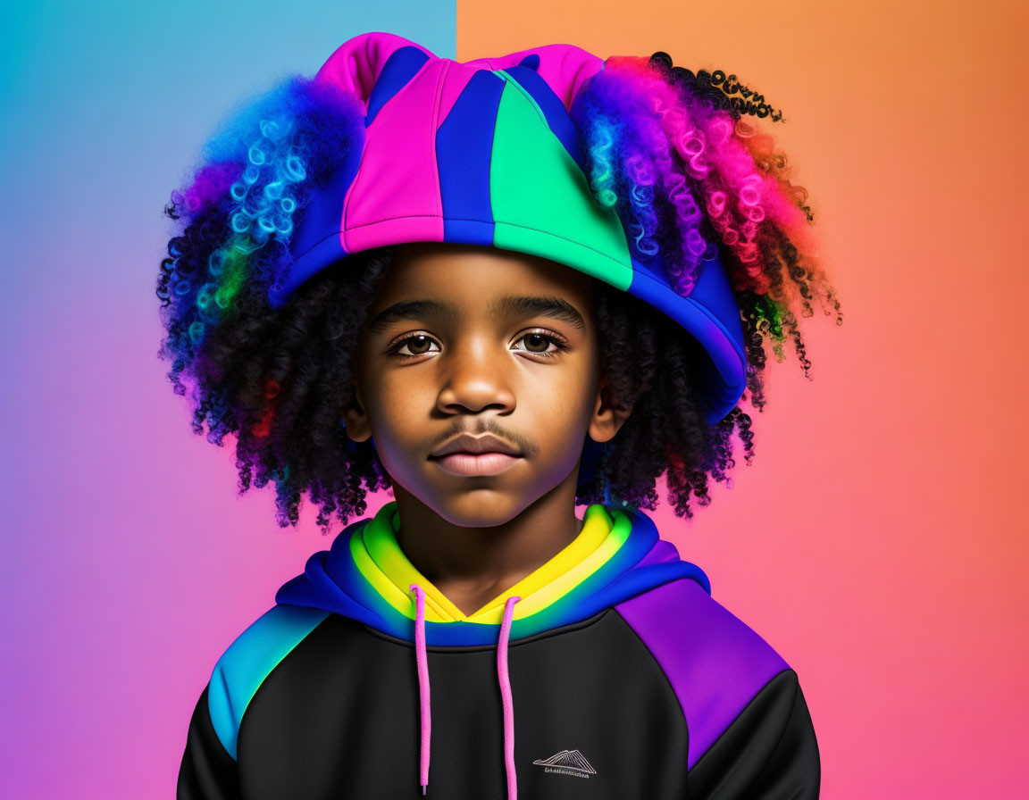 Curly-Haired Boy in Multicolored Hat and Hoodie on Split Background