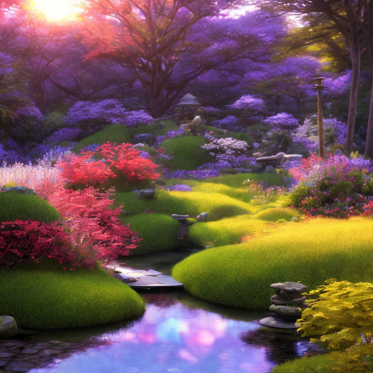 Lush Garden with Colorful Flowers and Stream in Soft Light