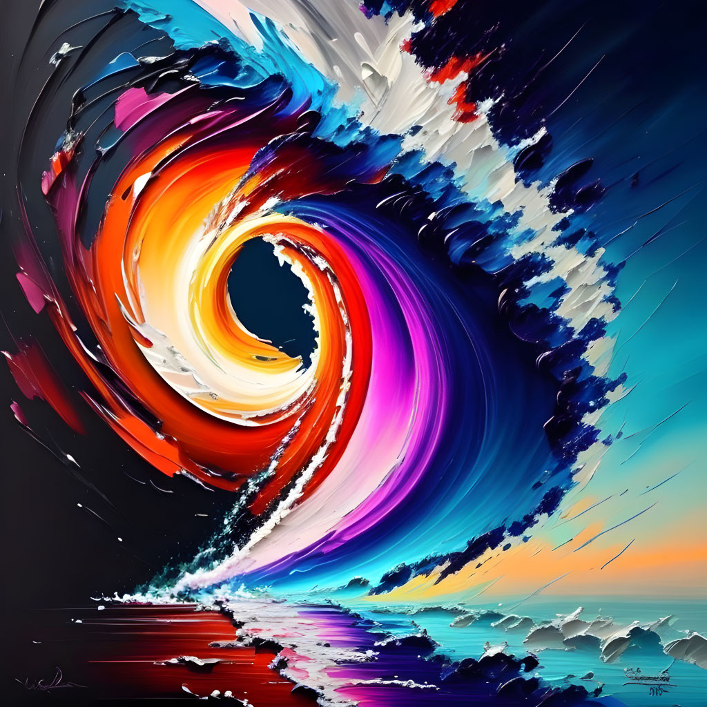 Colorful Abstract Painting with Swirling Vortex of Blues, Oranges, Purples, and