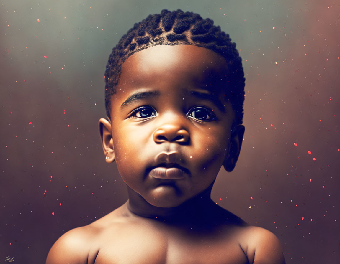 Toddler portrait with intricate hair braiding and expressive eyes on warm backdrop