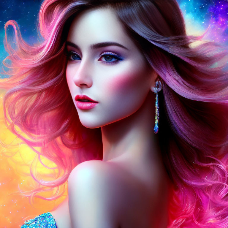 Vibrant pink hair woman portrait on cosmic background with striking makeup