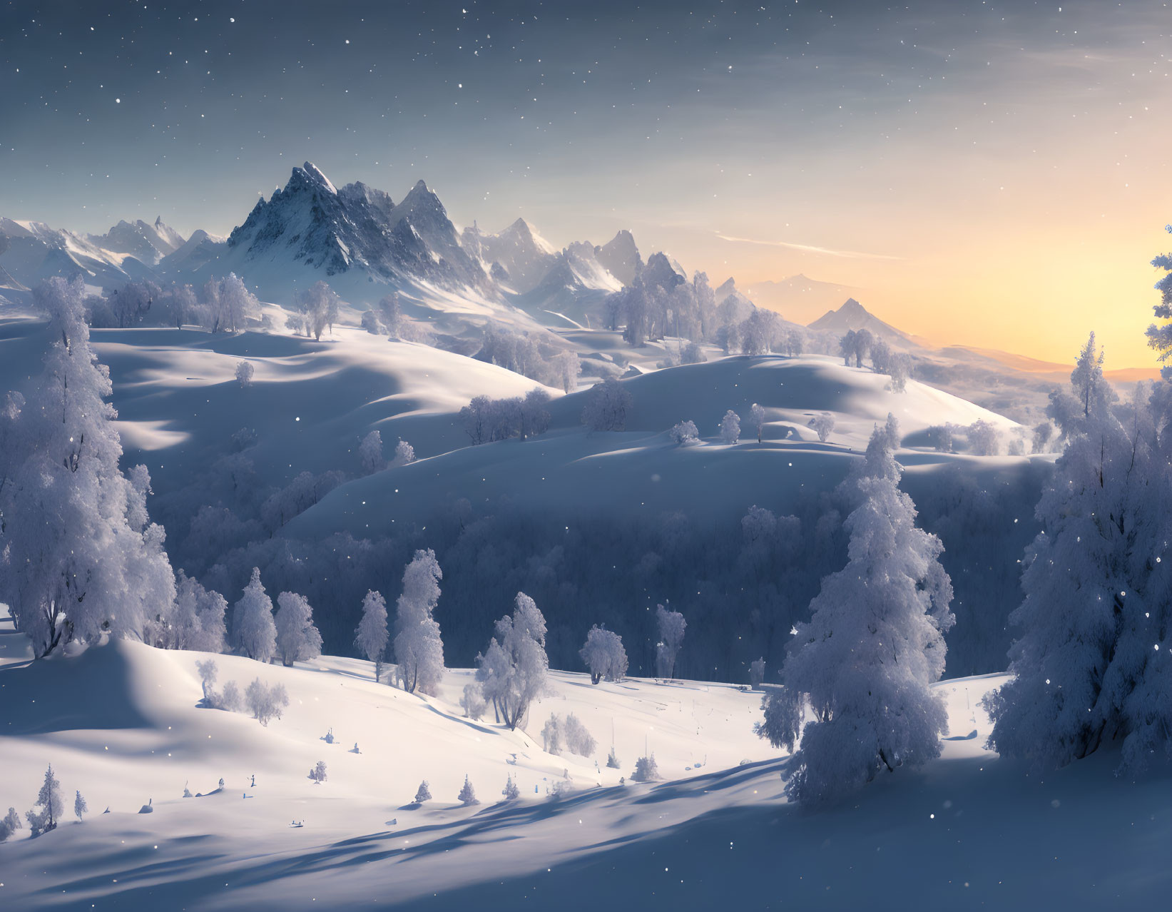 Snow-covered hills and frosted trees in twilight winter landscape