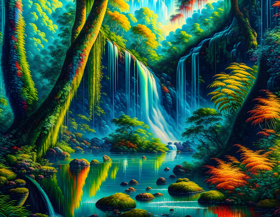 Lush Tropical Jungle with Waterfalls, River, and Misty Ambiance