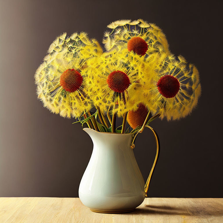 White Pitcher with Oversized Dandelion-like Flowers on Dark Background