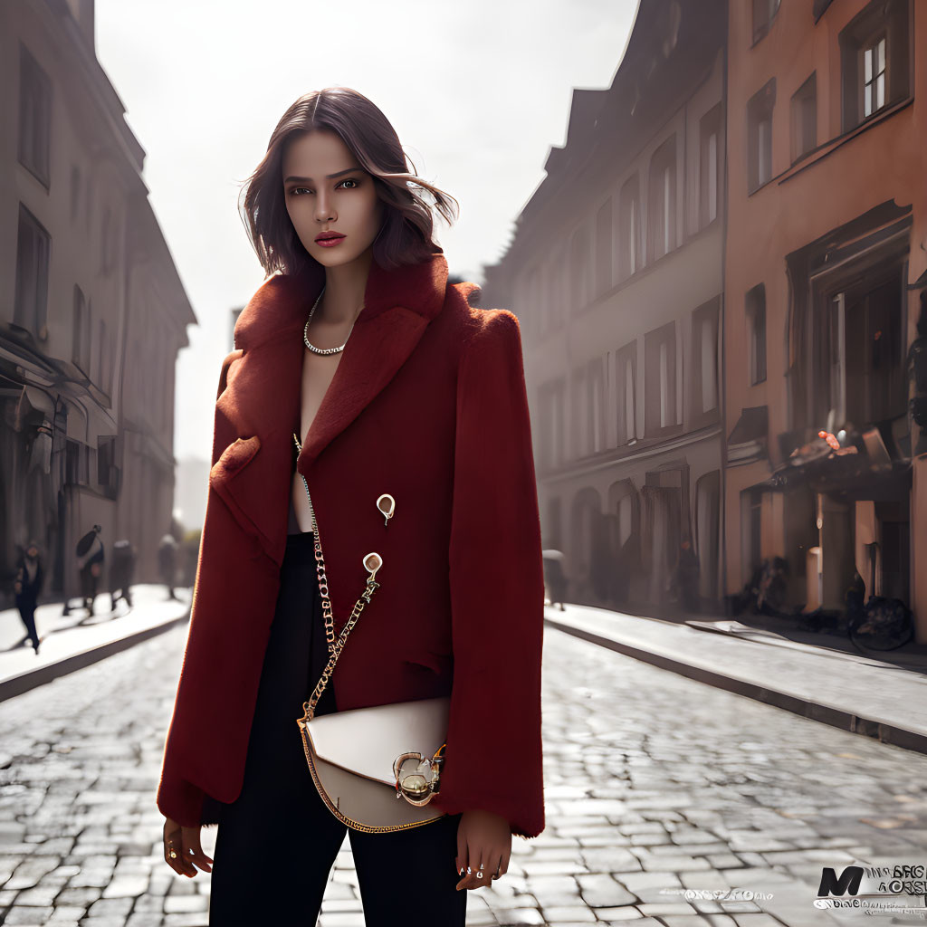 Fashionable woman in red coat on city street with old buildings