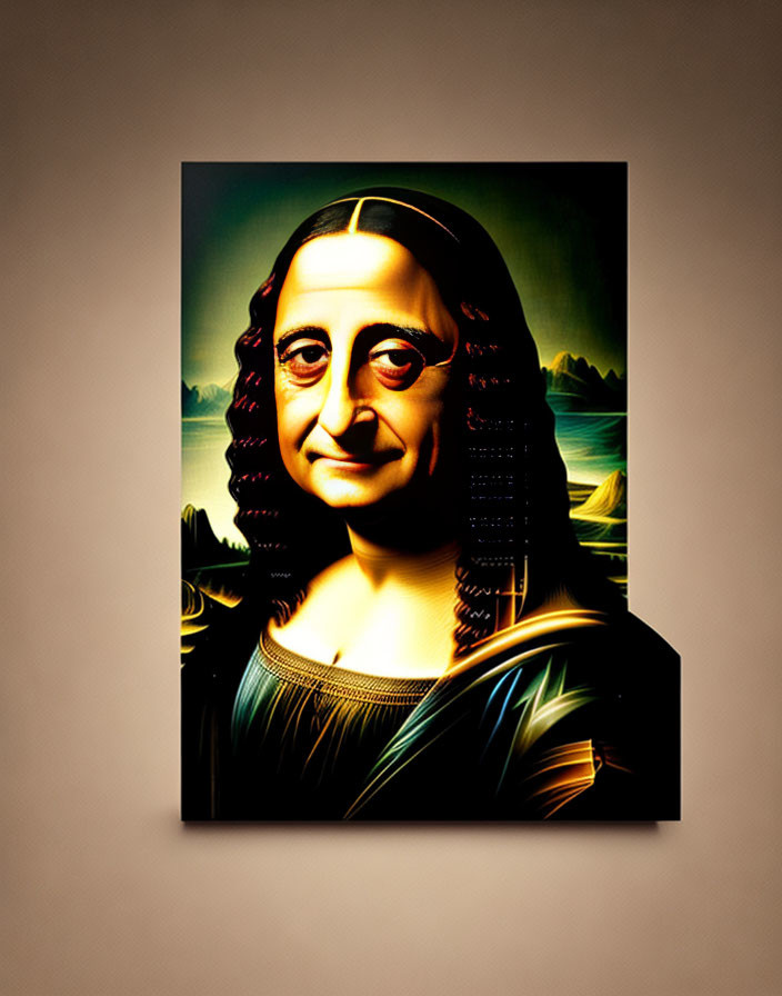 Vividly colored Mona Lisa rendition with exaggerated features on a wall