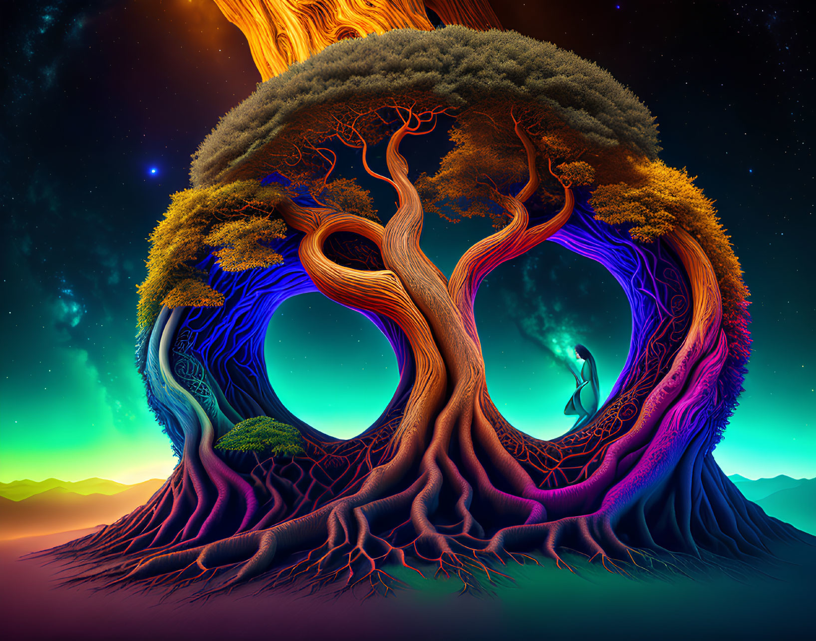 Colorful surreal tree with circular void on starry sky background