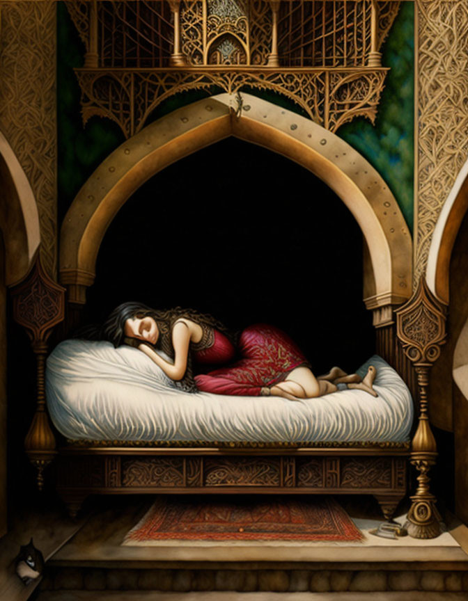 Woman resting on lavish couch in ornate Middle Eastern alcove