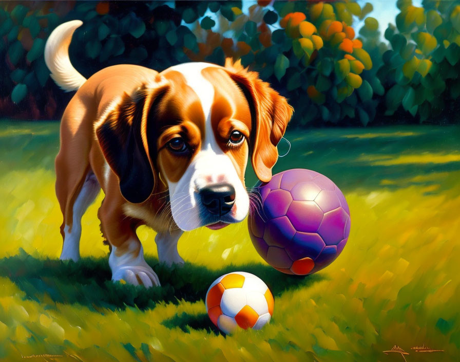 Beagle puppy with expressive eyes next to purple and soccer balls on grass