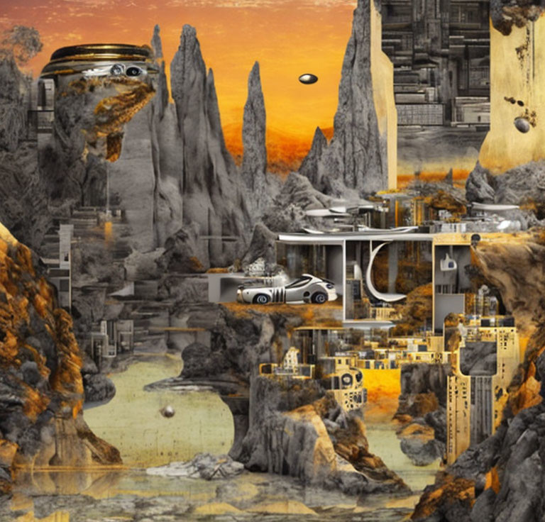 Futuristic landscape with floating rocks, advanced architecture, vehicles, orange sky