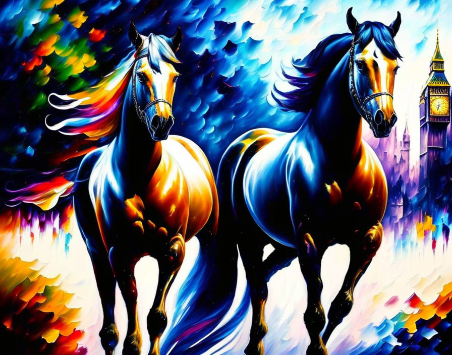 Colorful painting of majestic horses with flowing manes against abstract Big Ben backdrop