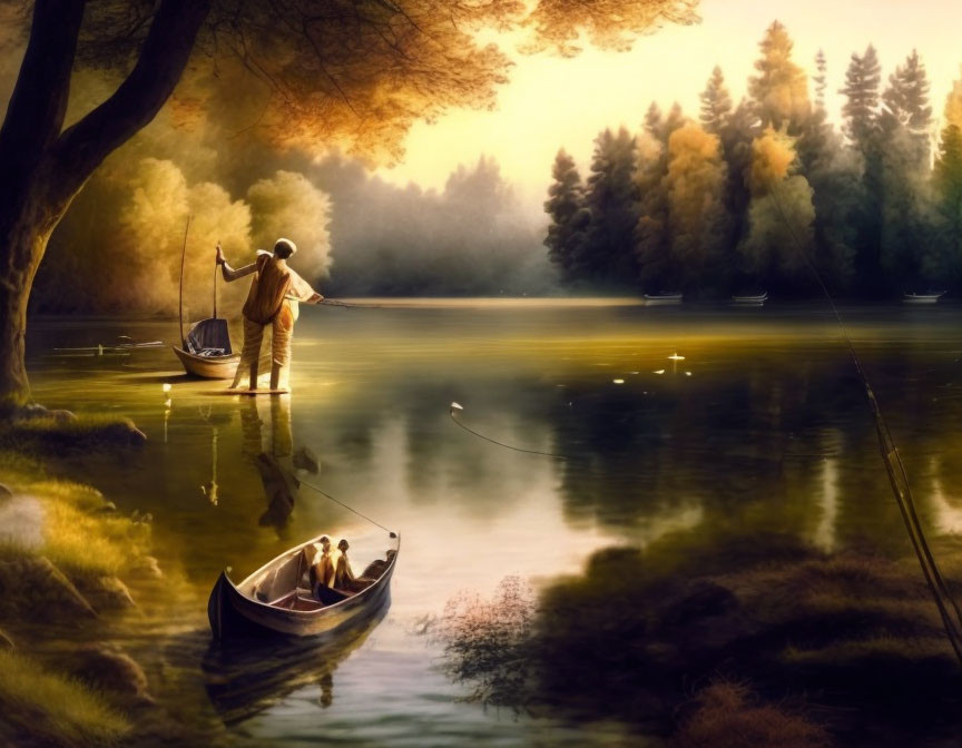 Tranquil lake fishing scene with misty trees