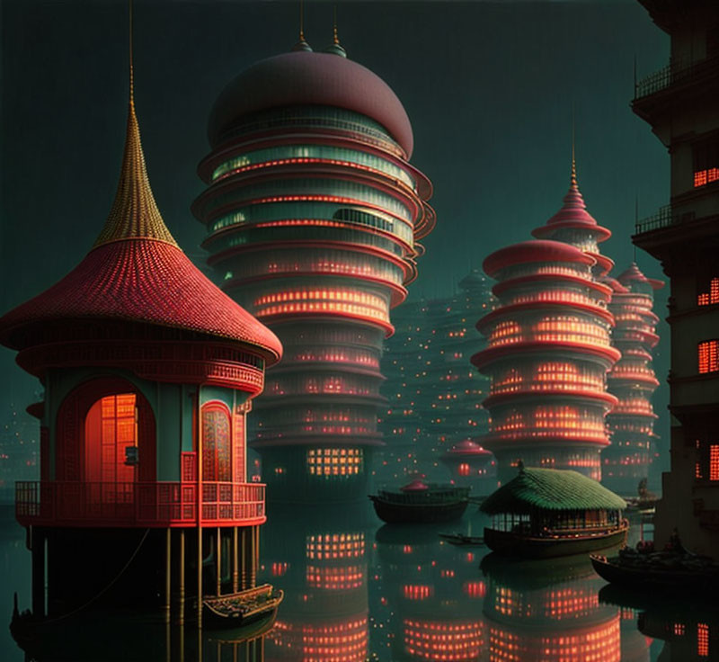 Futuristic illuminated oriental-style buildings at night reflected on water