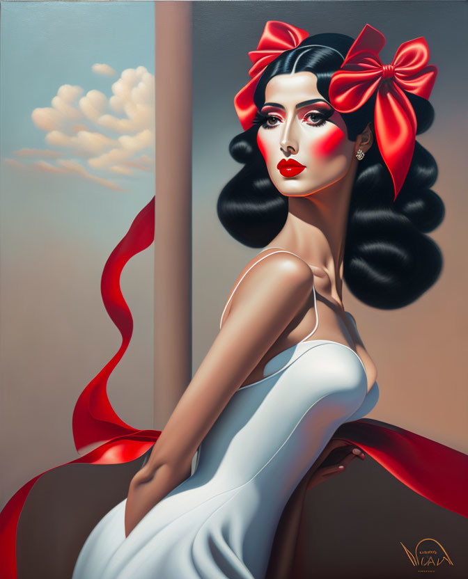 Stylized painting of woman with red bow, dark hair, red lipstick, white dress, cloudy