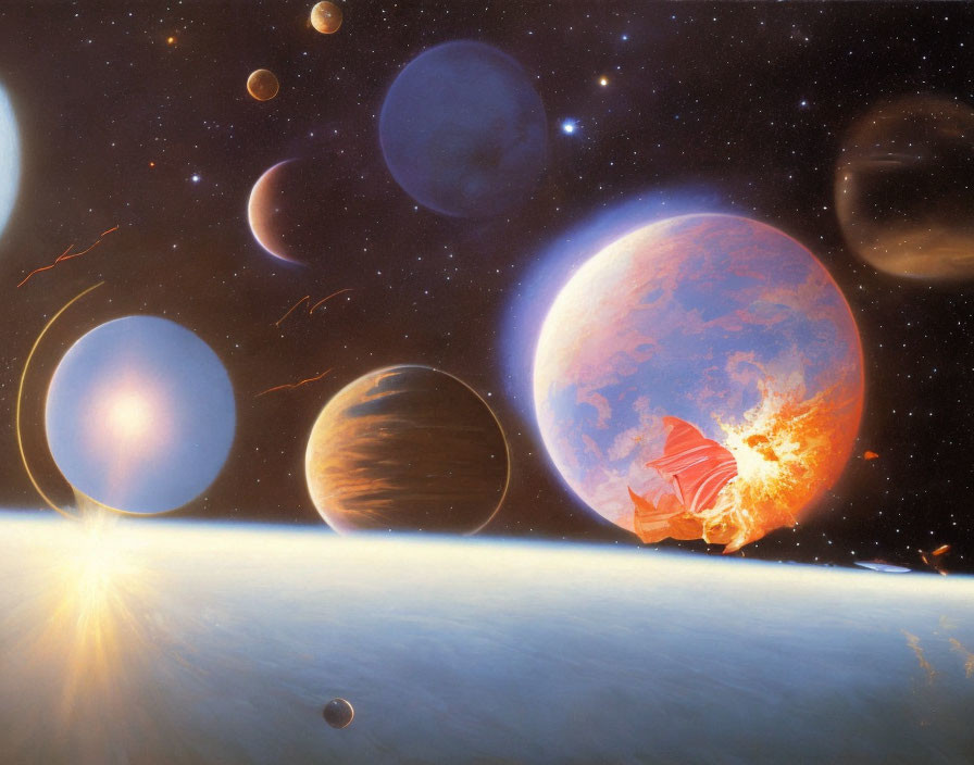 Colorful space scene with planets, glowing sun, and celestial explosion.