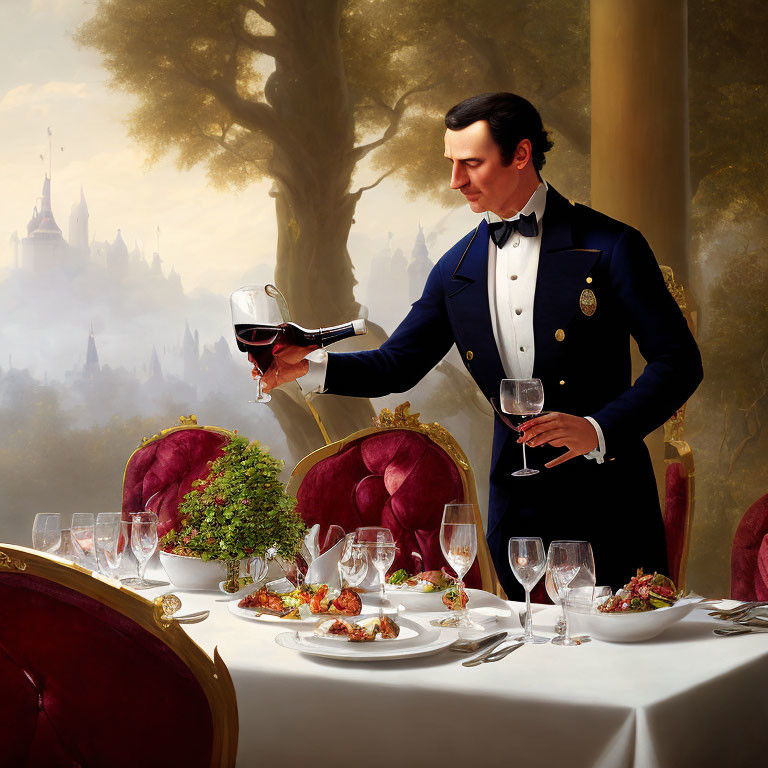 Waiter pouring wine at elegant dining table with fairytale castle background