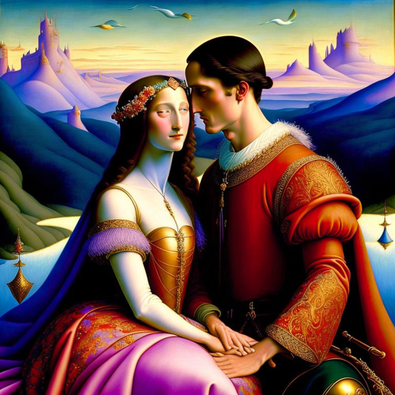 Surreal painting of man and woman in renaissance attire with ethereal landscape