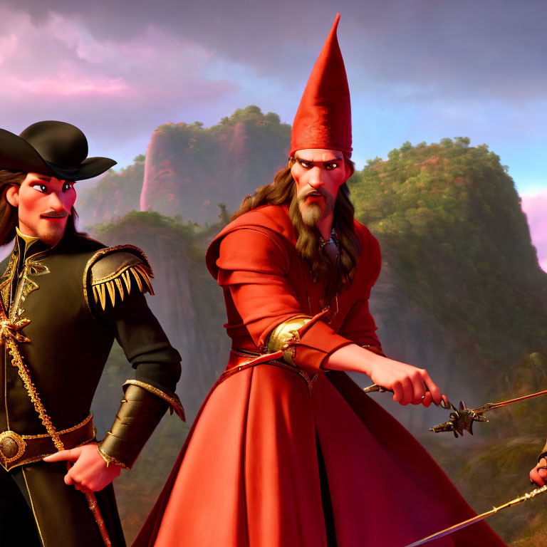 Musketeer and wizard animated characters against mountain backdrop at sunset