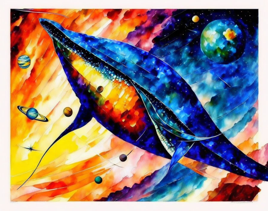 Colorful watercolor painting: Marlin in space with planets and stars