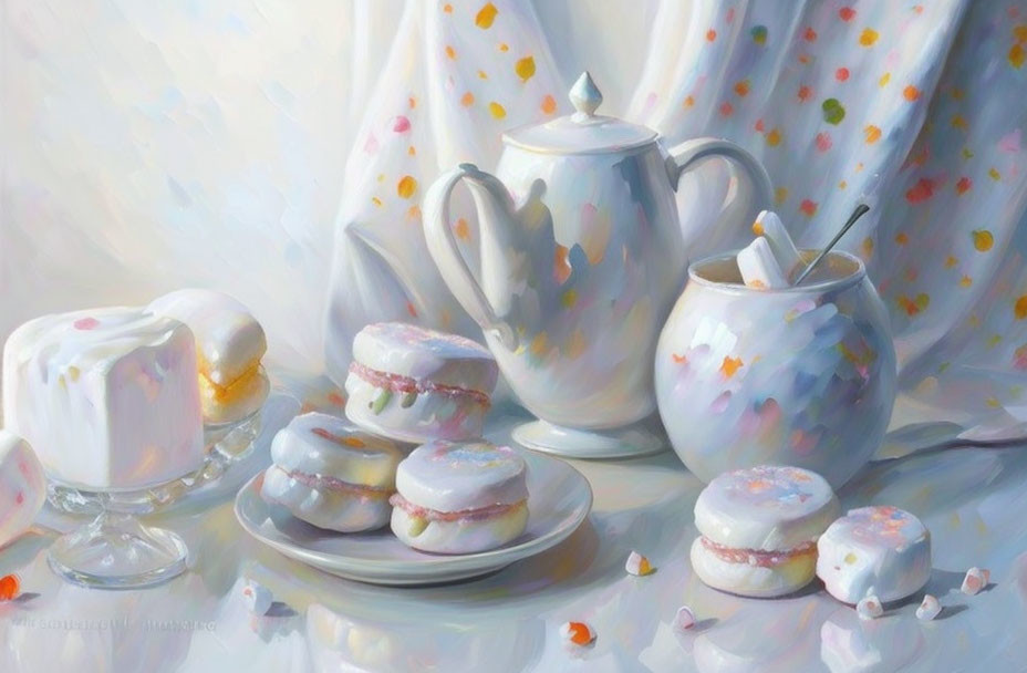 Colorful Still Life Painting of Porcelain Teapot, Cup, Macarons, and Drizz