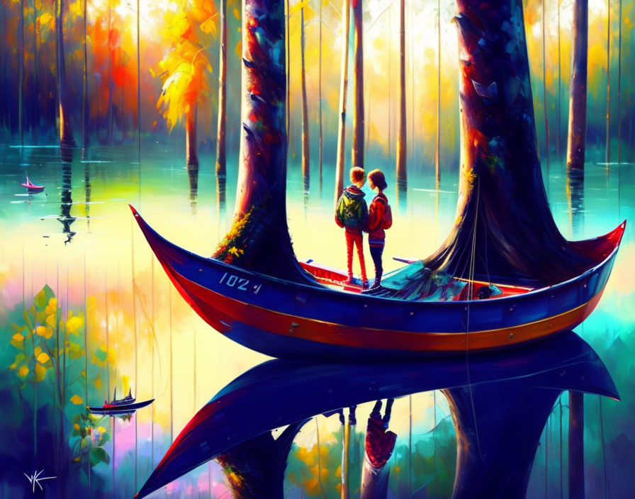 People on canoe in serene, reflective forest scenery