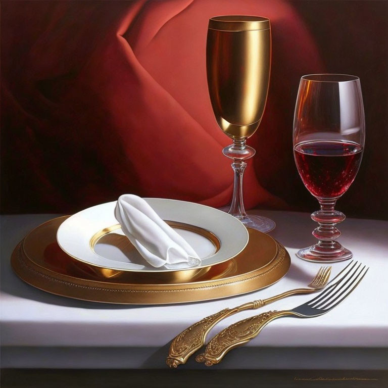 Gold-rimmed plate, white napkin, golden utensils, wine glass, and chalice