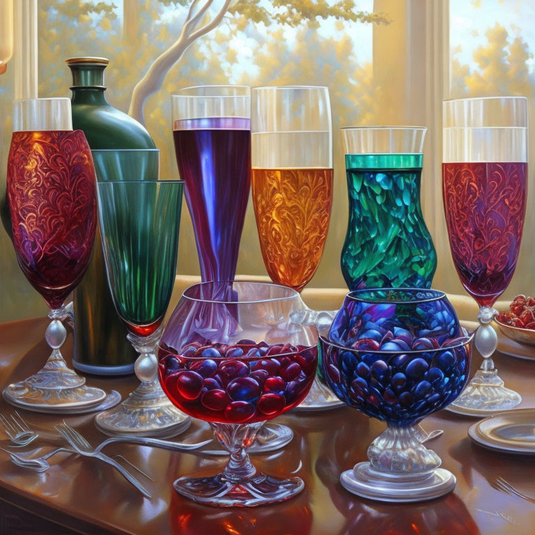 Colorful Glassware with Cherries on Wooden Table in Warm Light