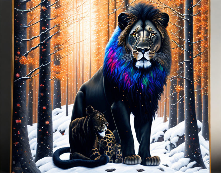 Colorful lion with rainbow mane and leopard in snowy forest with golden light