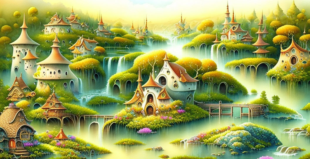 Fantasy Landscape with Whimsical Houses, Waterfalls, and Colorful Flora