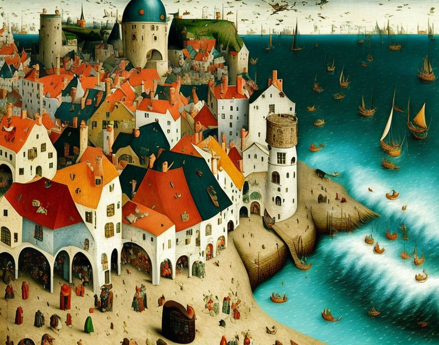 Medieval Port Town with Colorful Rooftops and Ships at Sea