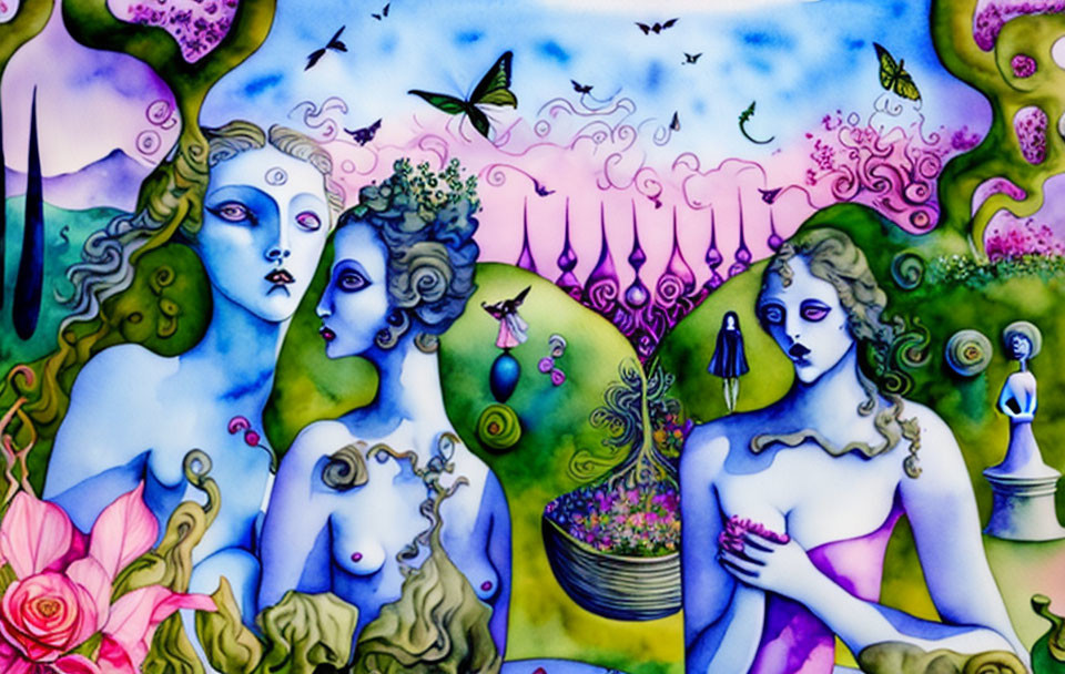 Surreal painting of three ethereal women in nature with butterflies