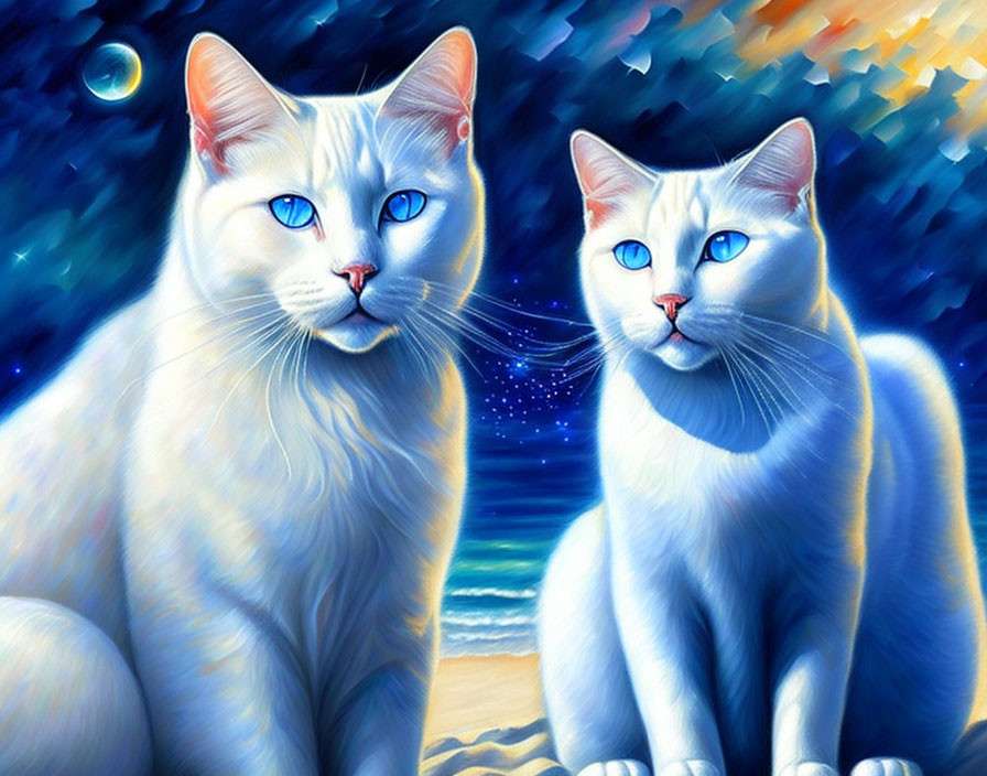 Blue-eyed white cats in vibrant painting with starry night sky and serene beach