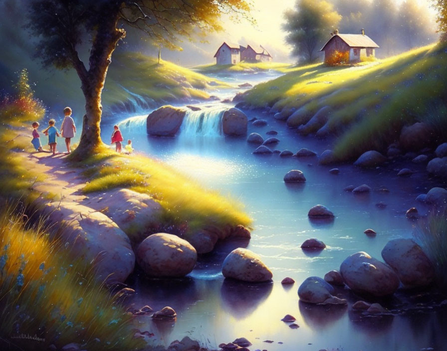 Tranquil landscape with children by stream, waterfall, stones, cottage, lush greenery.