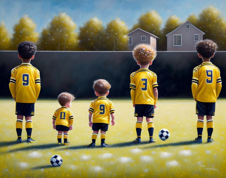 Five children in yellow and black soccer uniforms on field with soccer balls.