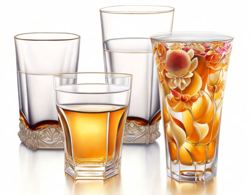 Four ornate glass tumblers with floral design, sizes vary, two clear and two filled with amber