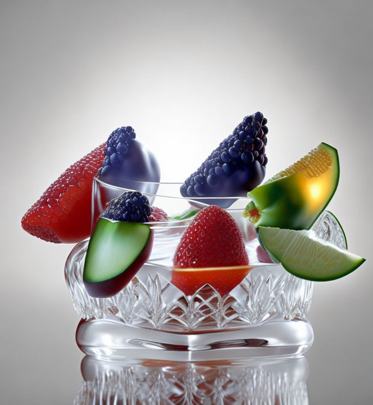 Stylized crystal bowl with glossy fruits on gradient background