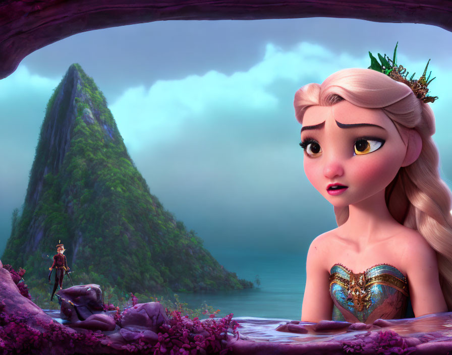 Animated character with braid and crown in cave, rocky peak, distant cliff.