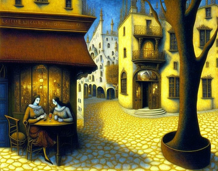 Surreal painting of two figures in a café under a night sky