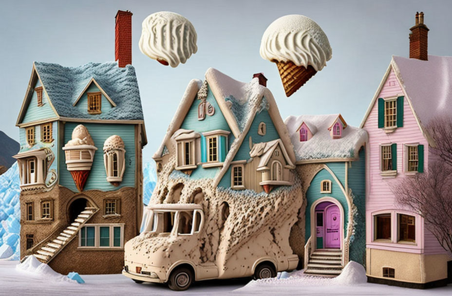 Whimsical Ice Cream-Themed Houses with Melting Truck