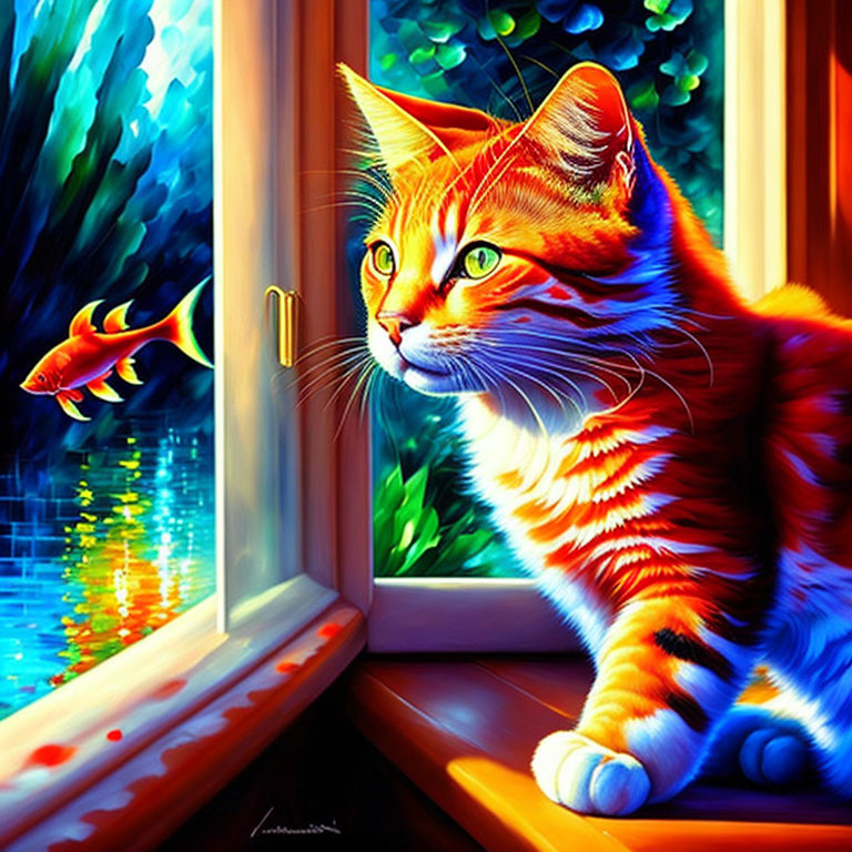 Orange and White Cat with Blue Eyes Watching Flying Goldfish from Windowsill