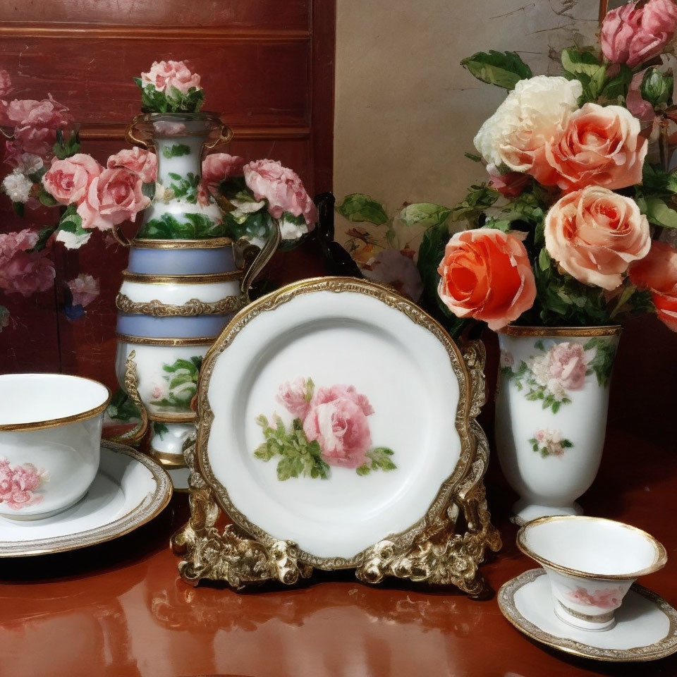 Porcelain Tea Set with Floral Designs and Golden Stand Display