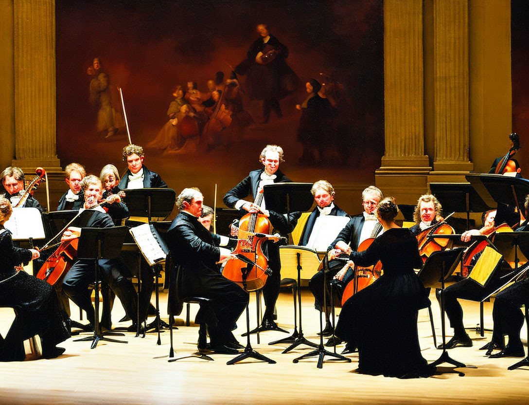 Classical music ensemble performing with string instruments on stage