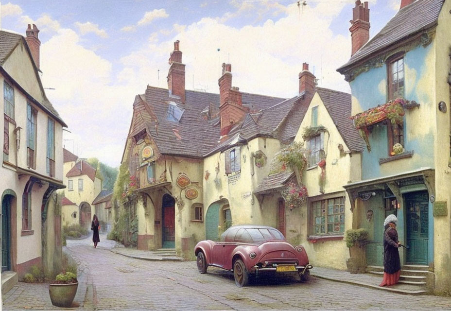 Vintage street scene with classic car, hanging flower baskets, and pedestrian.