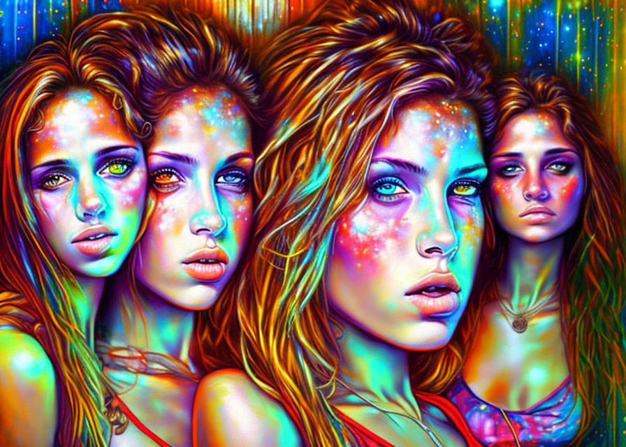 Colorful digital artwork of four women with cosmic patterns on skin, against celestial backdrop