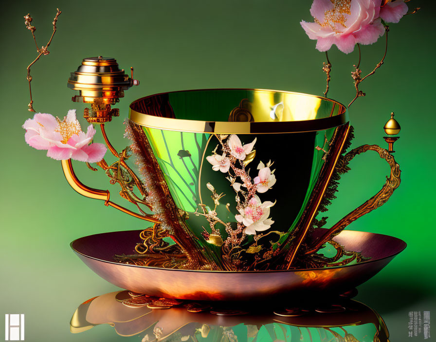 Gold-accented teacup with floral designs on saucer against green background.